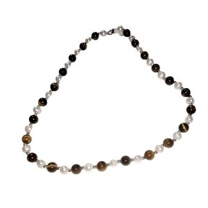 Tiger’s Eye & Faux Pearl Beaded Necklace Tibetan Silver 19"